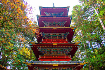 Japan - November 13, 2023 : Scenic exterior architecture of Five Storeys Pagoda of Toshogu Shrine...