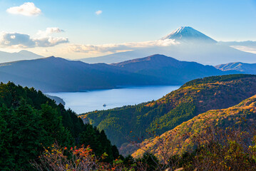 Fuji mountain and Lake Ashi at Sunset from Taikanzan Observatory Deck in autumn, Hakone, Kanagawa, Japan