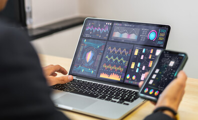 Businessman relax using laptop work, analyzing data management system make report with KPI, analytics, strategy, finance, sales, marketing, money, business growth, financial investment graph