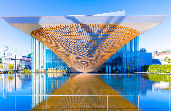 Japan - November 14, 2023 : Modern architecture design of Mt.Fuji world heritage center building reflection in autumn sunny day, One of tourist popular destination in Fujinomiya, Shizuoka