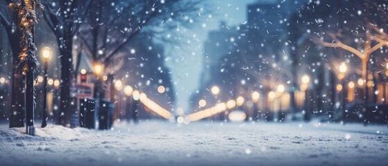 Winter cityscape with snowfall and illuminated street. Seasonal ambience and holidays.
