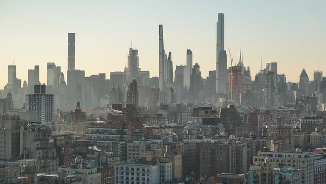 Aerial shot of The New York City skyline on an autumn morning. Shot on The Upper West Side in 4k.