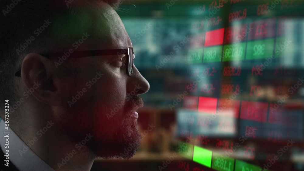 Poster trader is working with computer. screen with stock charts and data analysis. broker trading online. 