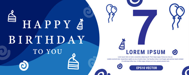 7 year celebration Creative Happy Birthday Text. Blue color decorative banner design, Vector illustration.