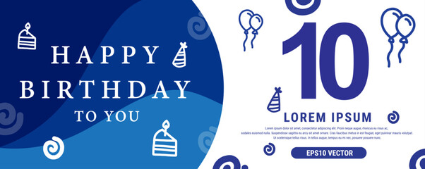 10 year celebration Creative Happy Birthday Text. Blue color decorative banner design, Vector illustration. - obrazy, fototapety, plakaty