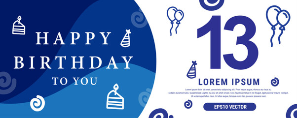 13 year celebration Creative Happy Birthday Text. Blue color decorative banner design, Vector illustration. - obrazy, fototapety, plakaty