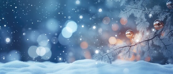 Fototapeta na wymiar Festive holiday decoration with sparkling lights on winter branches. Seasonal background