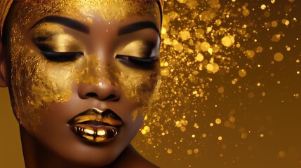 Woman with golden makeup and glittering background. Beauty and luxury.