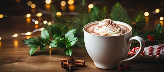 Christmas-themed homemade hot cocoa with mint flavor and festive decor on a wooden table. Recipe included. - obrazy, fototapety, plakaty