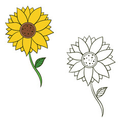 Sunflower drawing with line-art on white backgrounds. Simple Design Outline Style. You can give color you like. Vector Illustrations
