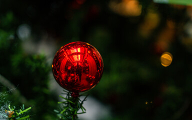 Closeup view of Christmas ornaments decoration on Christmas tree in Nepal.