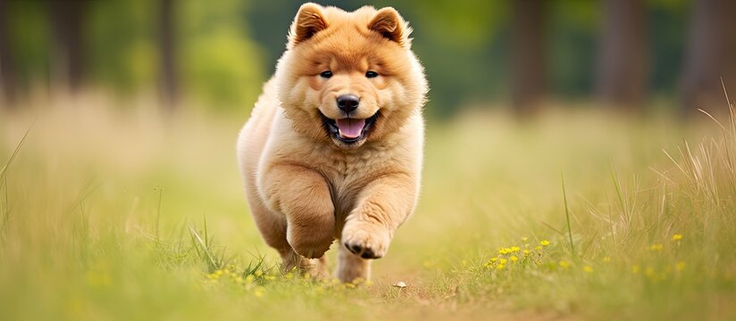 Adorable chow chow puppy runs on grass.