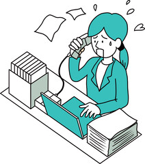 大量の紙文書と電話対応に追われる忙しい女性のイラスト