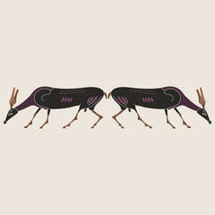 Symmetrical animal design or frame with two grazing antelopes or does. Ancient Greek vase painting style.
