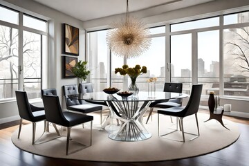 Modern dining nook with a glass table, designer chairs, and an artfully arranged centerpiece for sophisticated meals. 