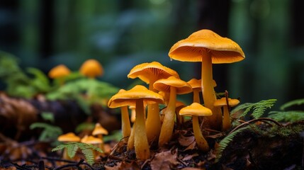 Group of chanterelle mushroom in the wood, CANTHARELLUS  - obrazy, fototapety, plakaty