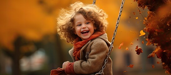 A joyful child swinging happily in a city park during autumn.