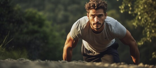 Attractive man exercising outdoors with varied workouts.