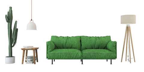 Modern interior furniture set 3D render. Livingroom house floor template room mockup design , isolated on transparent background