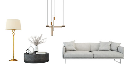 Modern interior furniture set 3D render. Livingroom house floor template room mockup design , isolated on transparent background