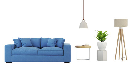 Modern interior furniture set 3D render. Livingroom house floor template room mockup design , isolated on transparent background