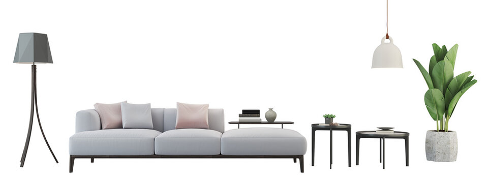 Naklejki Modern interior furniture set 3D render. Livingroom house floor template room mockup design , isolated on transparent background