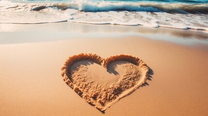 heart shape made with sand full with water at beach