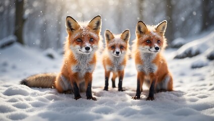 Playful foxes in a snowy landscape, their curiosity frozen in a moment of winter magic. 