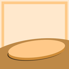 Wooden plate on table and frame on light brown background. advertising background