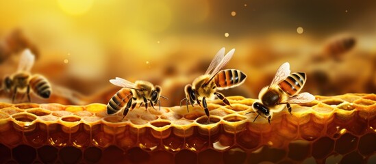 Bees transform nectar into honey and store it in honeycombs. - obrazy, fototapety, plakaty