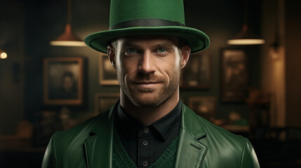 Man wearing green top hat and suit for Saint Patricks day. Concept of Festive Attire, Irish Celebration, and Cultural Festivities.