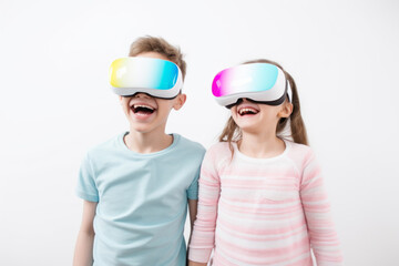 Metaverse and technology. Girl and boy kids are enjoying augmented reality wearing virtual reality goggles. We develop our lives through communication and activities in the digital environment