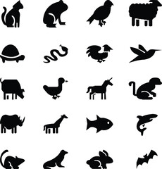 animal, icon, logo, silhouette, zoo, dog, set, rabbit, symbol, chicken, cow, duck, forest, cat, shark, sloth, horse, deer, armadillo, numbat, ram, collection, goat, toucan, turkey, unicorn, design, is