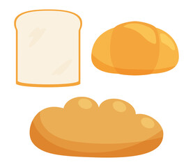 ロールパン(テーブルロール、バターロール)、コッペパン、食パンのシンプルなイラストセット。ベクターイラスト。