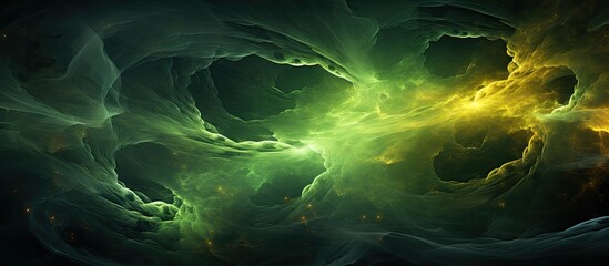 Abstract sci fi digital artwork featuring rotating golden green smoke in deep dark space, perfect for electronic device backgrounds and covers.