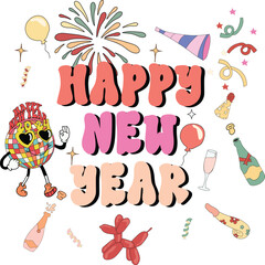 Happy New Year 2024 Disco Ball Groovy Characters, Retro New Years Party Element, 70s Style Aesthetic Elements. Greetings Card graphic or new year themed party invitations