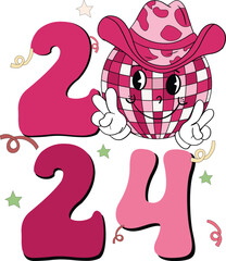 Pink Happy New Year 2024 Cowboy Disco Ball Peace Hand, Retro Party Element, 70s Style Aesthetic Elements. Greetings Card graphic or new year themed party invitations