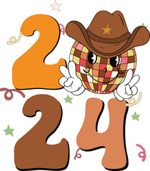 Werstern Happy New Year 2024 Cowboy Disco Ball Peace Hand, Retro Party Element, 70s Style Aesthetic Elements. Greetings Card graphic or new year themed party invitations