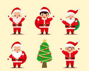 Collection of Cute Christmas Santa Claus isolated. Christmas Set of Cheerful, funny Santa clause for winter holidays. Happy Santa Claus cartoon character ready new year. vector