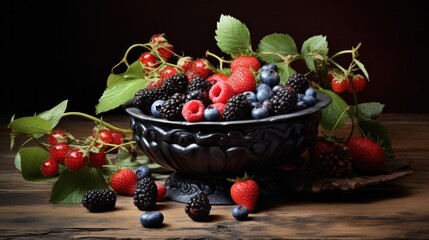 A bowl of berries on a wooden table. Generative AI.