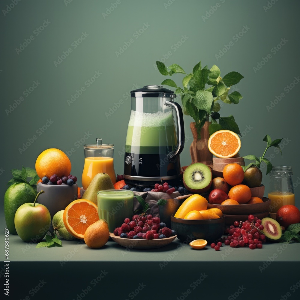 Poster a blender sitting on top of a table filled with fruit. generative ai.