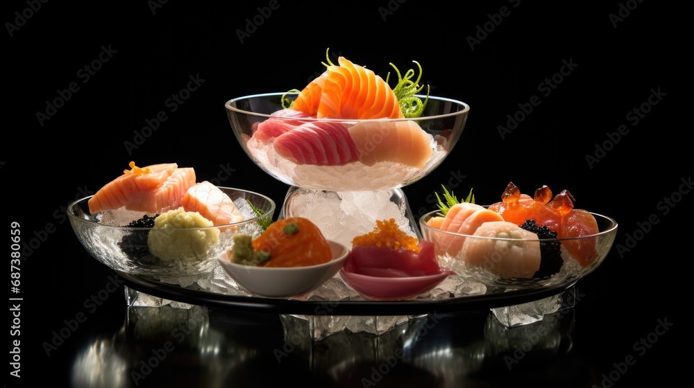 Poster a platter filled with different types of sushi. generative ai.
