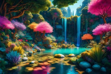 A surreal interpretation of a landscape garden where reality blurs with fantasy, featuring exaggerated colors, floating elements, and whimsical creatures