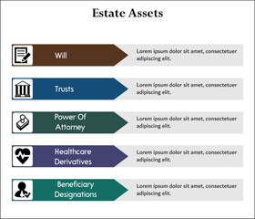 Fototapeta na wymiar Five Estate assets - Will, Trusts, Power of attorney, Healthcare derivatives, beneficiary designations. Infographic template with icons