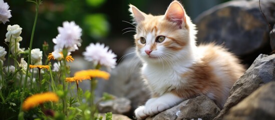 Naklejka na ściany i meble Adorable cat poses among flowers on rocks.