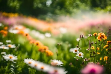 A soft-focus photograph of a landscape garden, with a dreamlike quality, highlighting the gentle sway of flowers in the breeze and the blurred edges of the green lawn