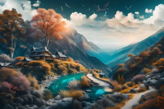 An artistic montage of landscape scenery photos, seamlessly blended into a surreal composition, where elements from different images harmonize to create a dreamlike and imaginative atmosphere