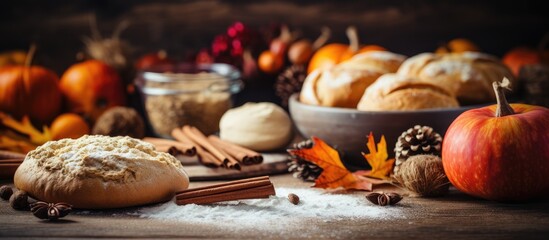 Autumn-themed baking with pumpkins, apples, nuts, ingredients, and spices. Making pie and cookies for Thanksgiving and autumn holidays.