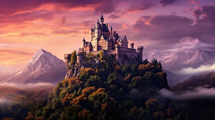 castle at the hill of a scenic landscape. majestic castle perched. fantasy landscape with ancient castle