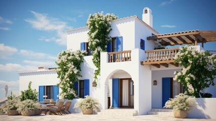 Traditional mediterranean white house. Summer architectural background with blue sky - obrazy, fototapety, plakaty
